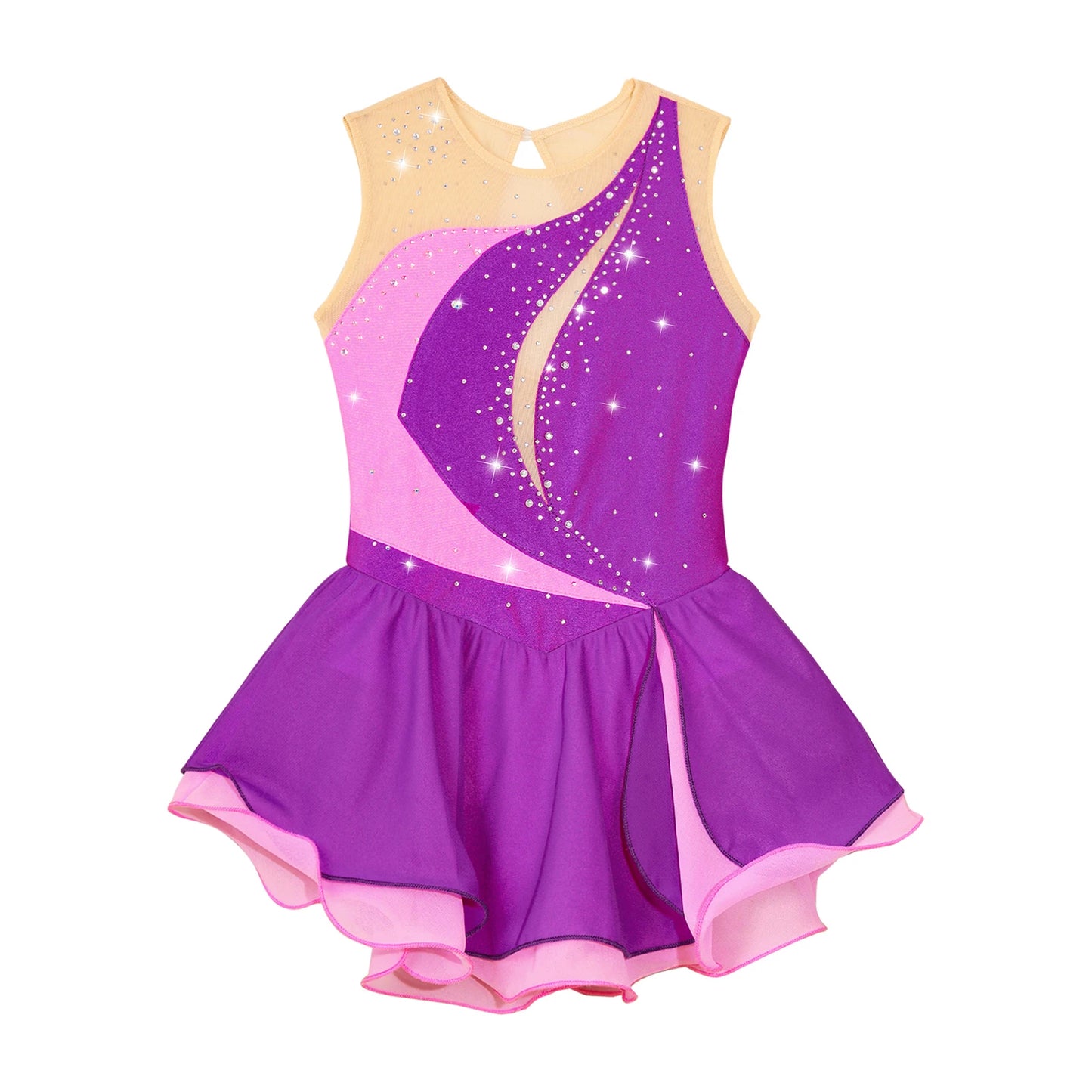 Girls Sleeveless Chiffon Figure Skating Dress Shiny Rhinestone Ballet Gymnastics Dance Leotard Performance Competition Costume