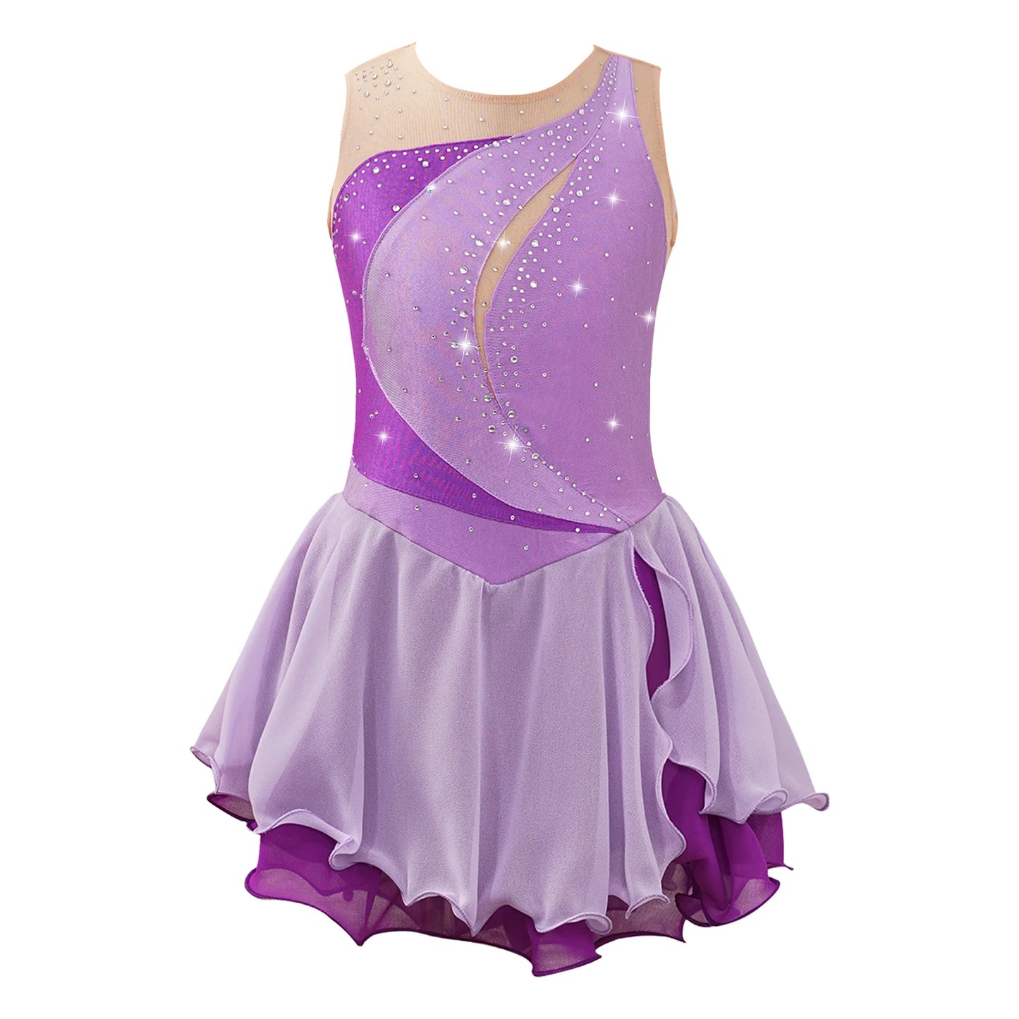 Girls Sleeveless Chiffon Figure Skating Dress Shiny Rhinestone Ballet Gymnastics Dance Leotard Performance Competition Costume