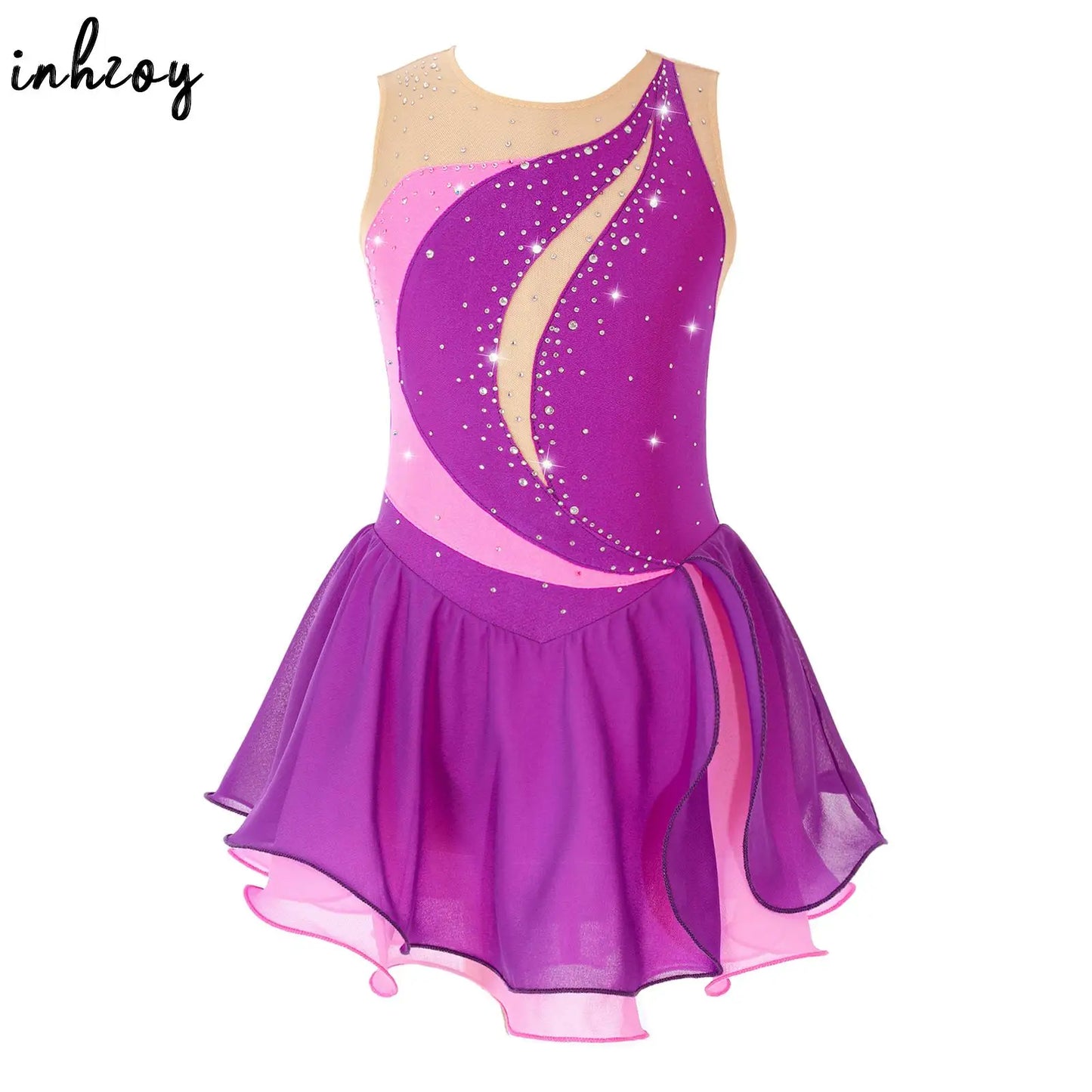 Girls Sleeveless Chiffon Figure Skating Dress Shiny Rhinestone Ballet Gymnastics Dance Leotard Performance Competition Costume