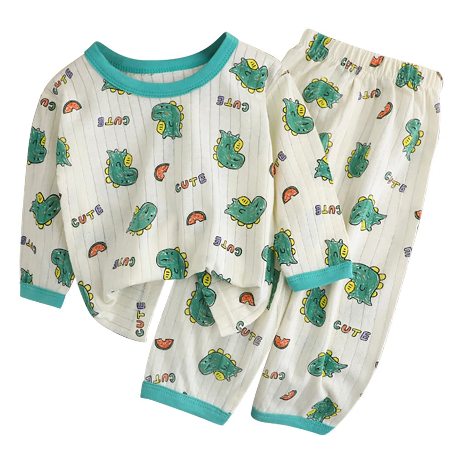 Summer Kids Cotton Long Sleeve and Pants Pajamas Set Soft Breathable Baby Sleepwear Cartoon Bear AC Room Wear Boys Girls Clothes