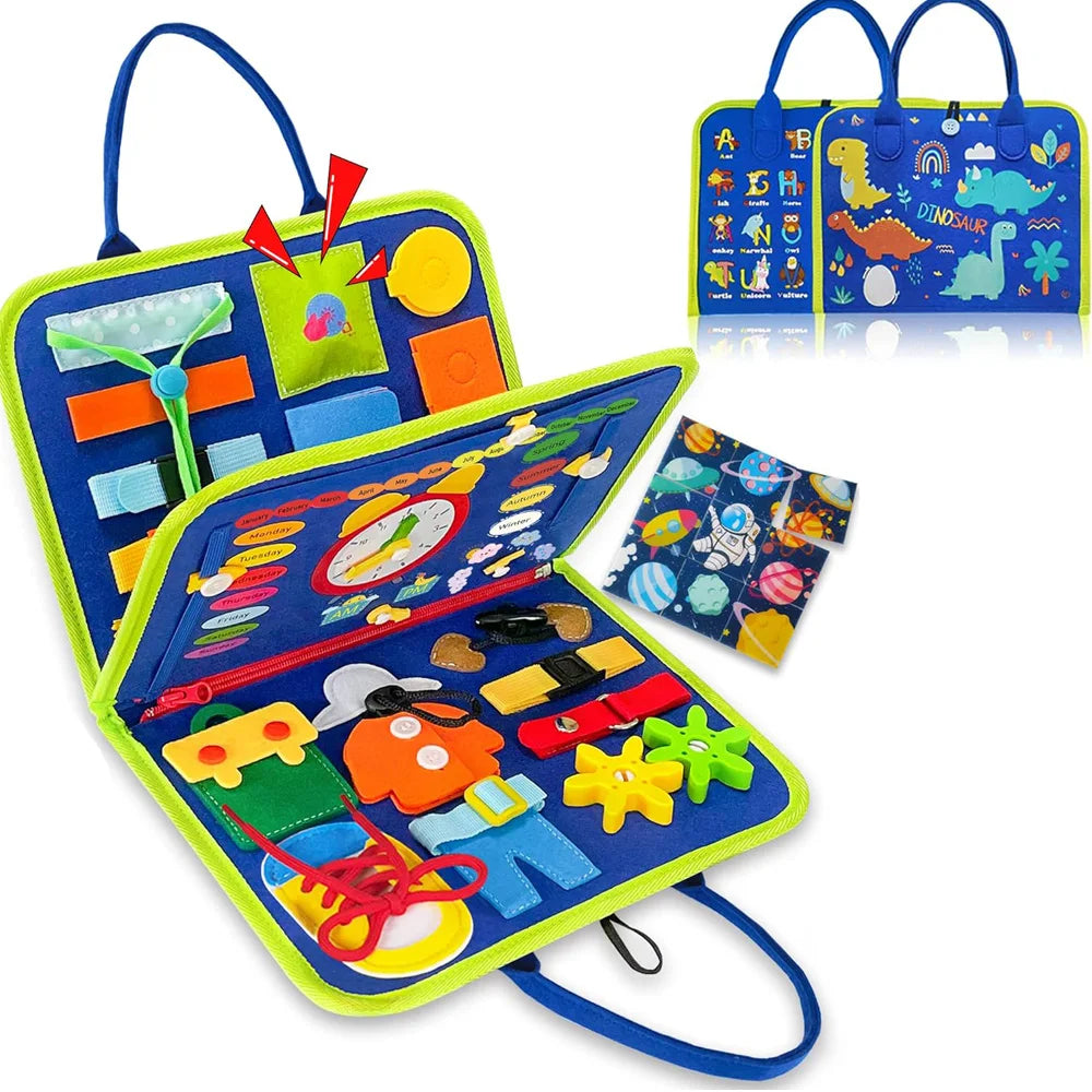 Toddler Busy Board Montessori Toys Learning Educational Activities Travel Toy Dinosaur Dress up  Sensory Life Skill Backpack