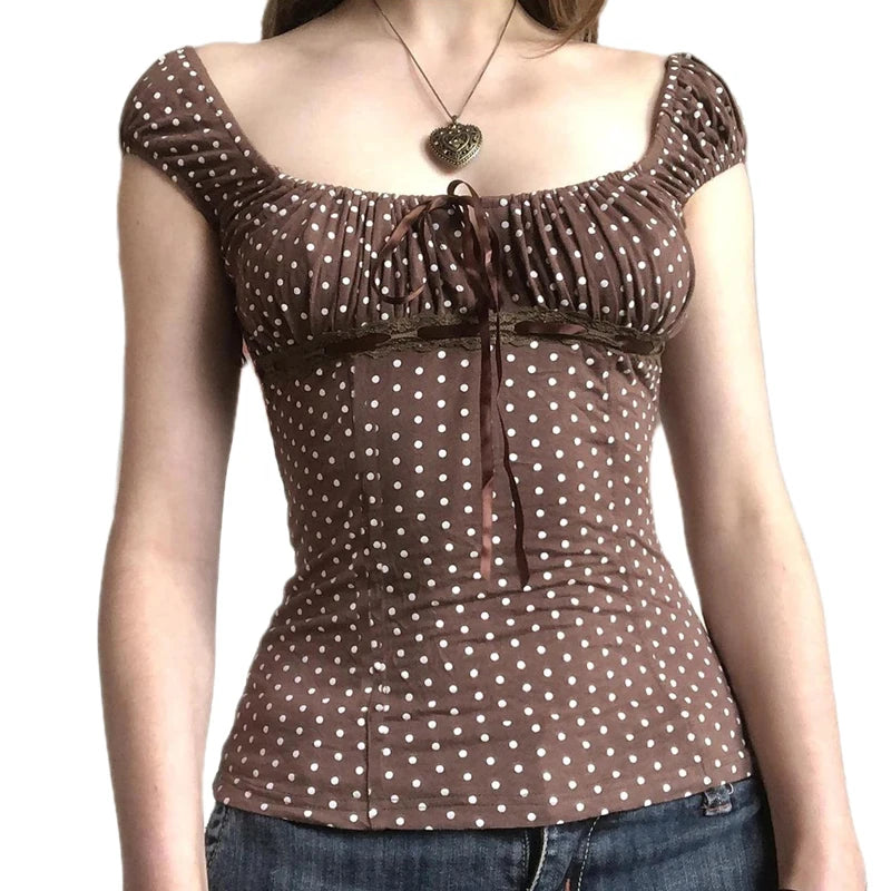 Polka Dot Milkmaid Baby Tees Coquette Vintage Cap Sleeve Crop Tops Teen Girl 2000s Retro Cute Suqare Collar T-shirt Y2k Clothes