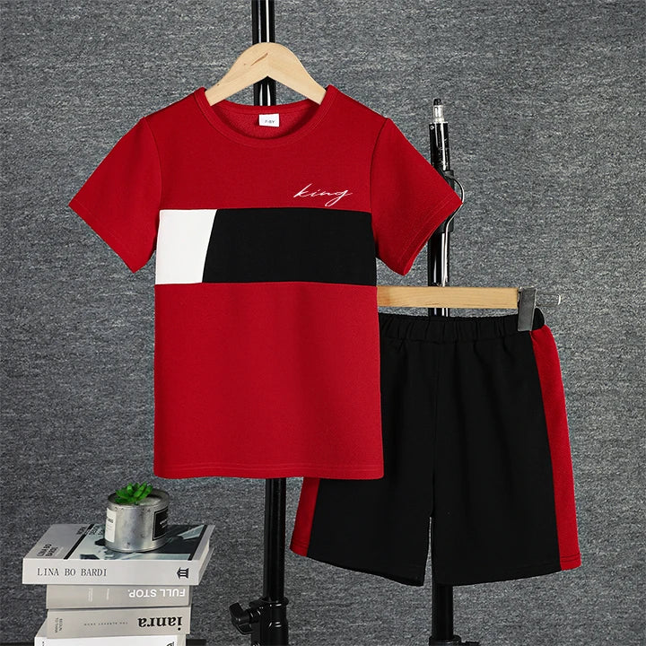 2pcs Boys Casual Colorblock Short Sleeve T-shirt & Shorts Set, Comfy Summer Kids Clothes