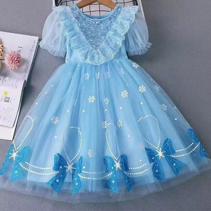 Teen Girls Mesh Dress Summer Princess Tulle Tutu Gown New Children Print Bow Short-sleeve Clothes Kids Birthday A-Line Dresses