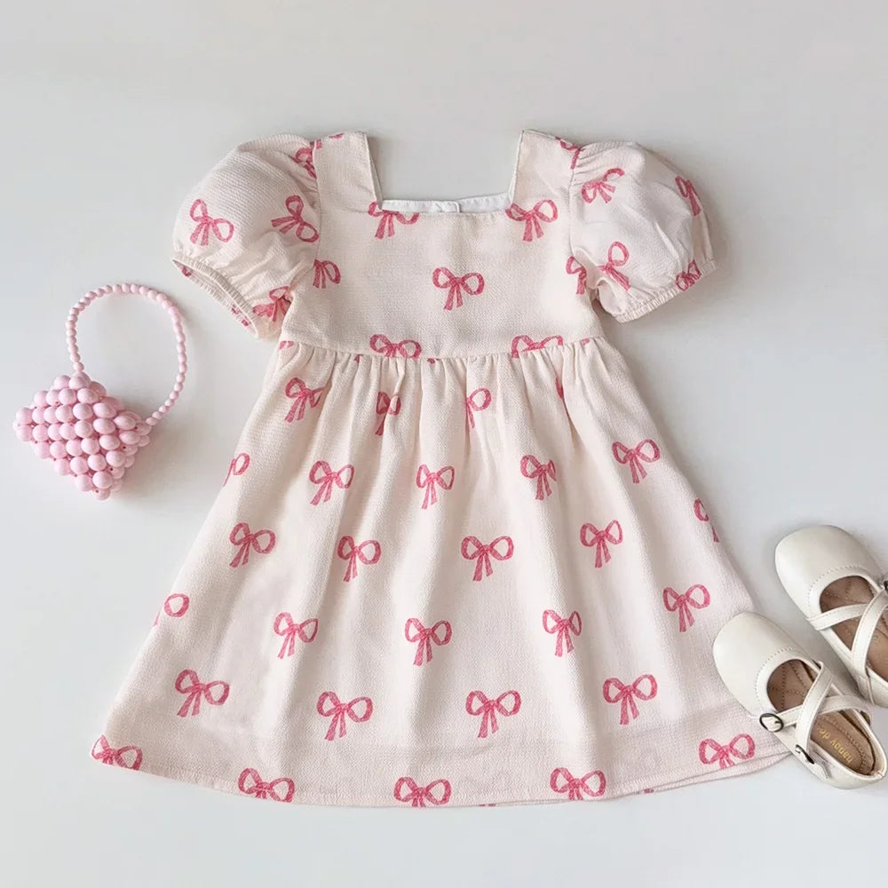 Bear Leader Summer Short Sleeved Girls Casual Dresses Pink Bow Print Square Neck Sweet Princess Dress Daily Simple Kids Clothes