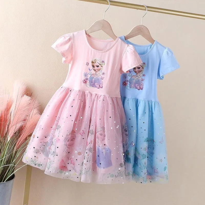 Girls Dress Cartoon Summer Frozen Fashion Children's Elsa Princess Baby Girl Toddler Short Sleeve Cute Party Dresses 3-9Y
