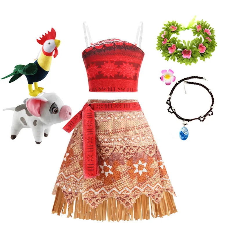 Girls Moana Princess Dress for Kids Carnival Cosplay Vaiana Costume Children Birthday Party Headwear Necklace Flower Clothes Set
