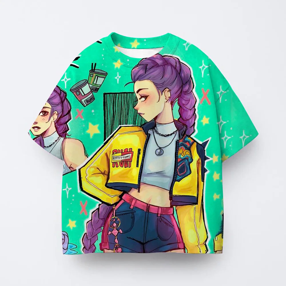Toddler Girl Clothes Kpop Demon Hunters Cartoon Tee Shirt Funny Gift for Fans Harajuku Cool Kids T-shirts Cotton Summer Tops