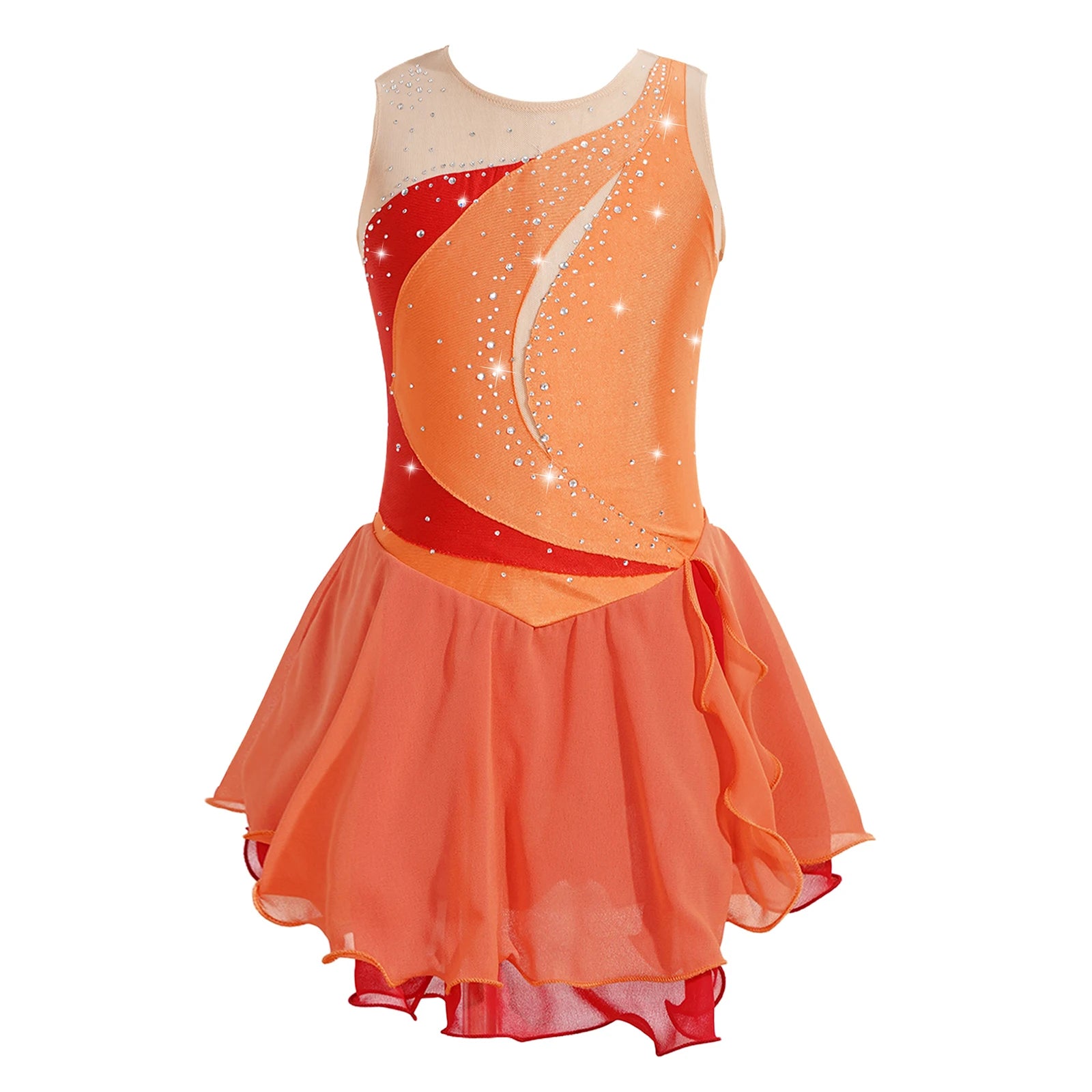 Girls Sleeveless Chiffon Figure Skating Dress Shiny Rhinestone Ballet Gymnastics Dance Leotard Performance Competition Costume