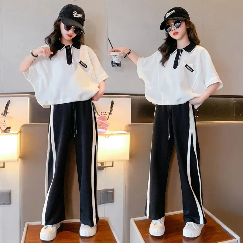 2025 summer autumn Girls clothes children set Kids loose t-shirt top and bottom striped wide leg pant 4 8 10 14 15 years teens