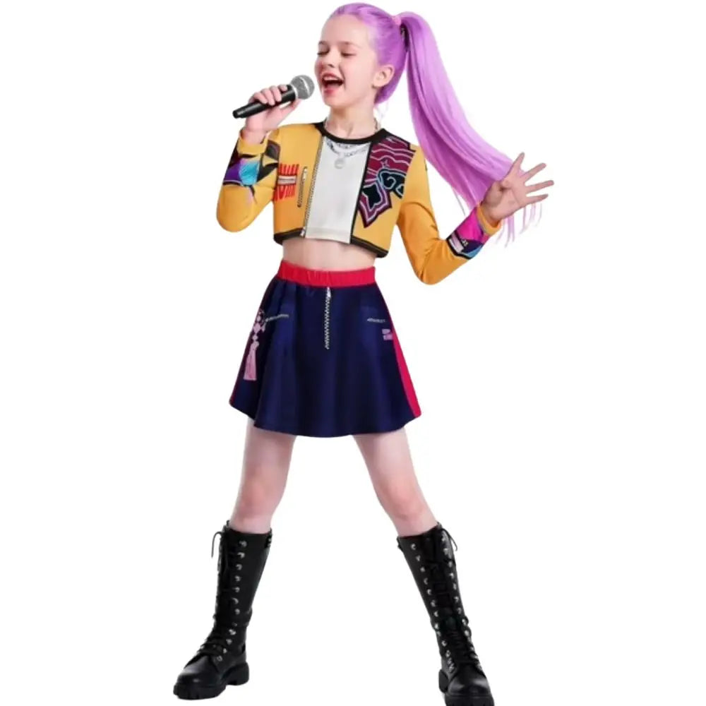 Kids Girls Kpop Rumi Zoey Mira Demon Hunters Cosplay Costume Disguise for Child Printed Clothes Roleplay Halloween Carnival Suit