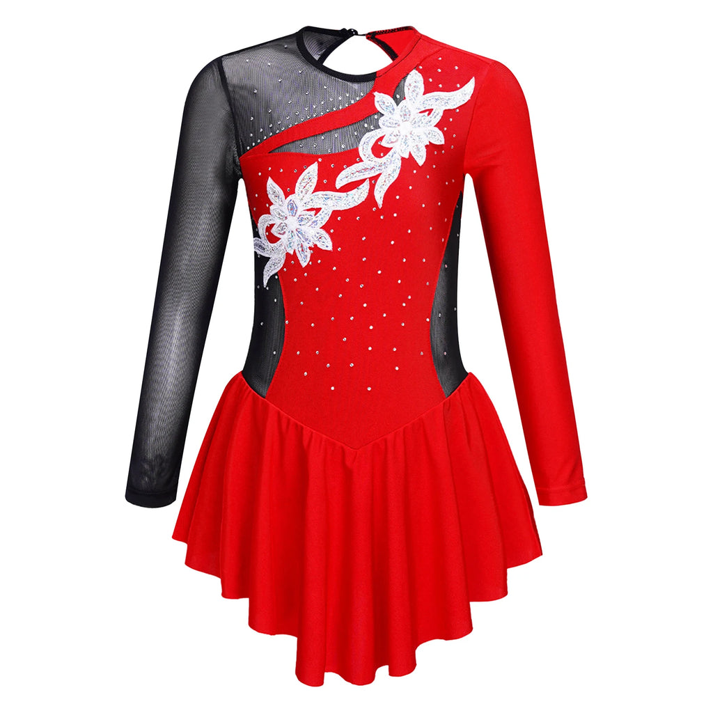 Kids Girls Ballet Tutu Dress Gymnastics Leotard Dance Wear Long Sleeve Rhinestone Figure Skating Costume Ballerina Party Dresses