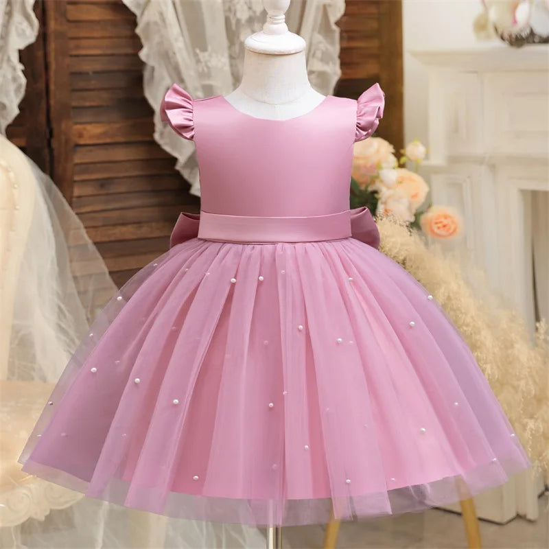 Toddler Girl Flower Birthday Tulle Dress Backless Bow Wedding Gown 1-8Y Kids Party Wear Princess Dress Baby Girl Bowknot Dresses