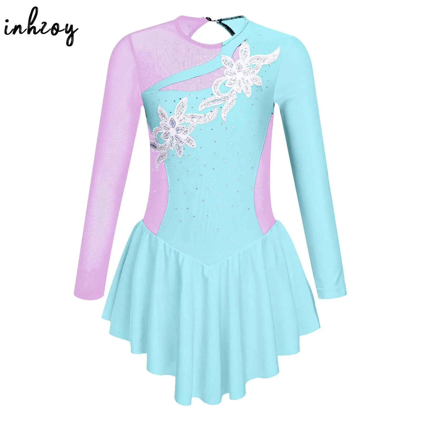 Kids Girls Ballet Tutu Dress Gymnastics Leotard Dance Wear Long Sleeve Rhinestone Figure Skating Costume Ballerina Party Dresses