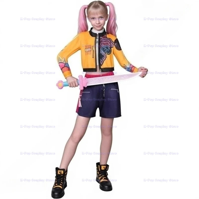 ‌‌‌Anime Kpop Demon Hunter Cosplay Rumi Zoey Mira Cosplay Full Suit Kids Girls Style Kids Stage Performance Clothes Halloween