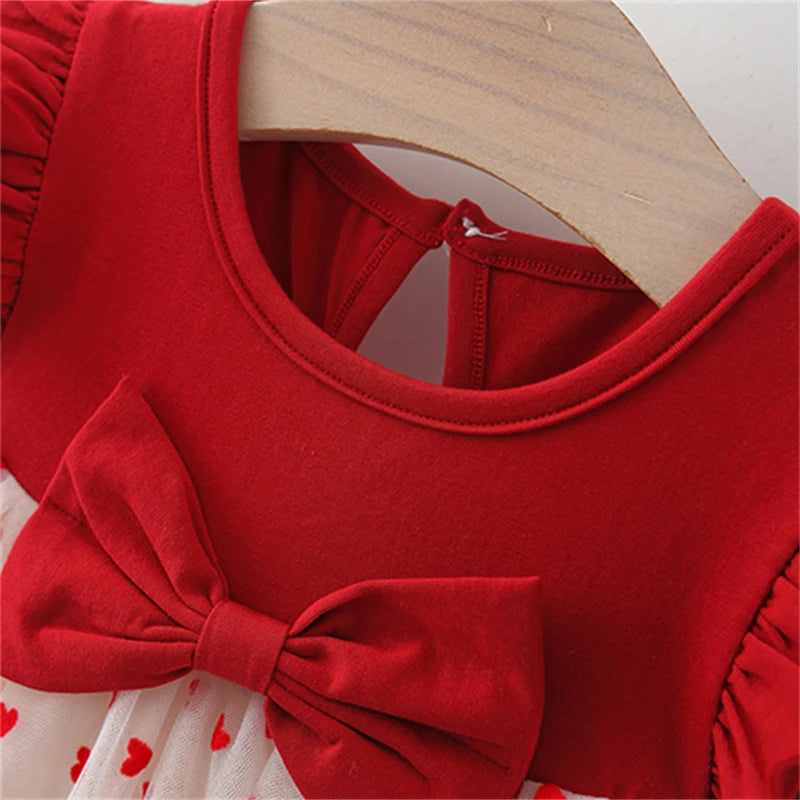 Baby Girl Red Dress Heart Embroidered Mesh Bow Tutu Dress Kids Birthday Party Clothes