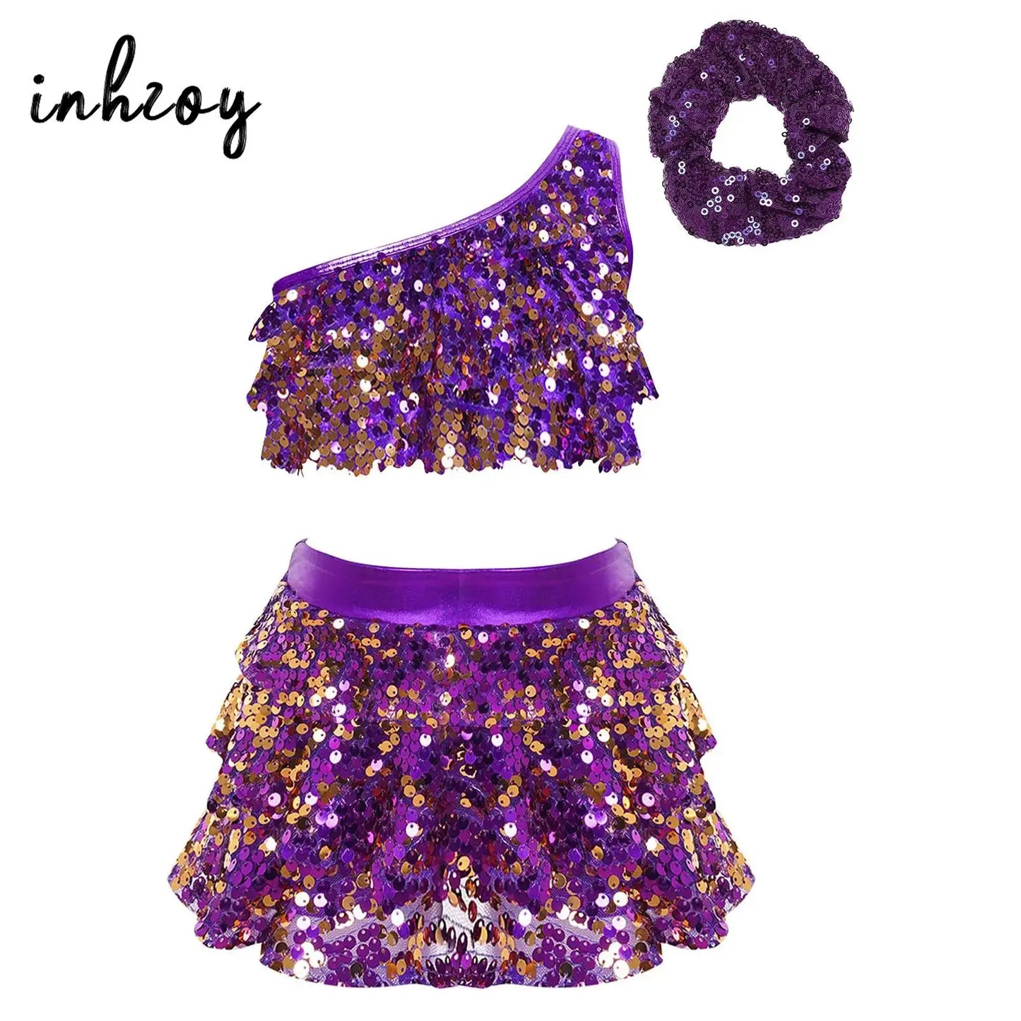 Kids Girls Shiny Sequined Modern Latin Jazz Dance Costume Outfits Single Shoulder Crop Top+Tiered Ruffle Skirted Shorts+Headwear
