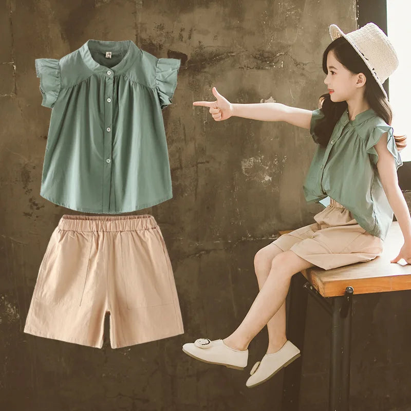 2025 new teenager Summer Kids Girls clothes Flying Sleeve blouse Shirt + short Leisure loose Pants teens 7 8 9 11 12 13 14 years
