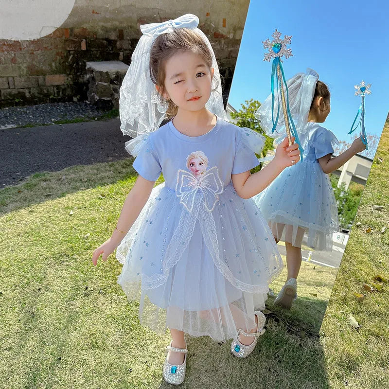 Disney Girls Dress Short/Long  Sleeve Summer Princess Dresses Frozen Elsa Party Baby Dresses for Children Clothing Kids Clothes