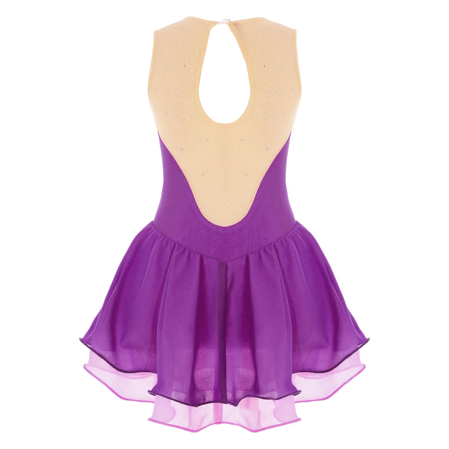 Girls Sleeveless Chiffon Figure Skating Dress Shiny Rhinestone Ballet Gymnastics Dance Leotard Performance Competition Costume