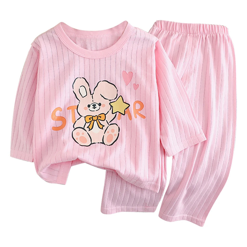 Summer Kids Cotton Long Sleeve and Pants Pajamas Set Soft Breathable Baby Sleepwear Cartoon Bear AC Room Wear Boys Girls Clothes