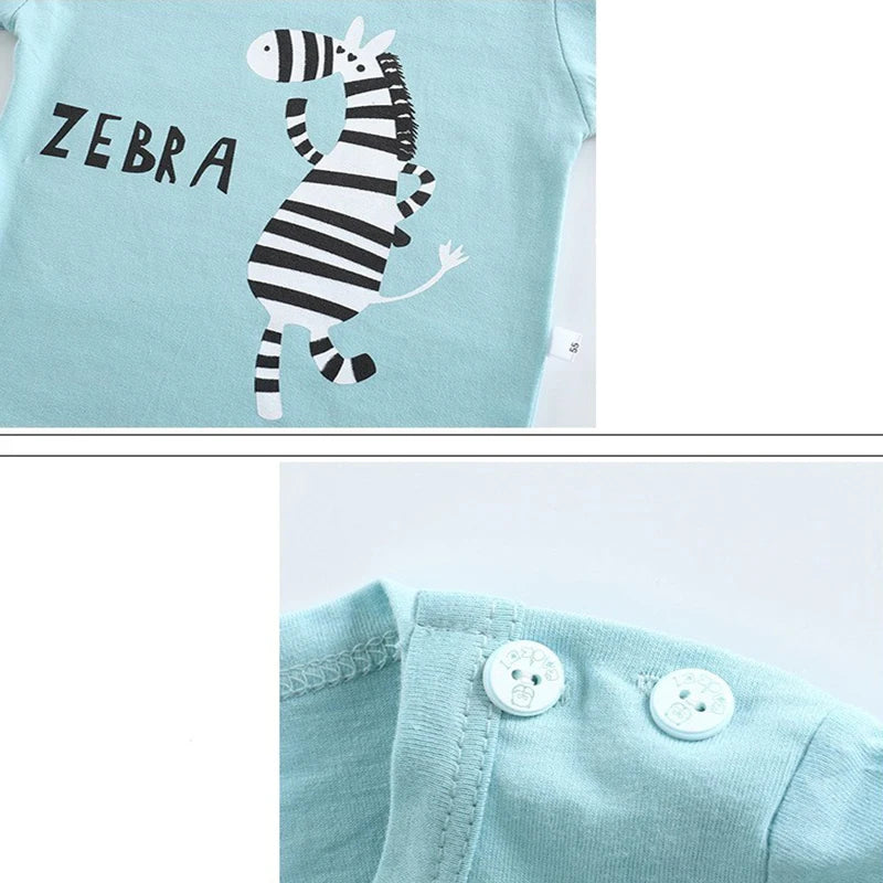 1-6 Years Kids Summer Tees+Stripe Shorts 2-piece Clothes Set Pajama Cotton Underwear Cartoon Zebra Dinosaur Print Sleepwear Suit
