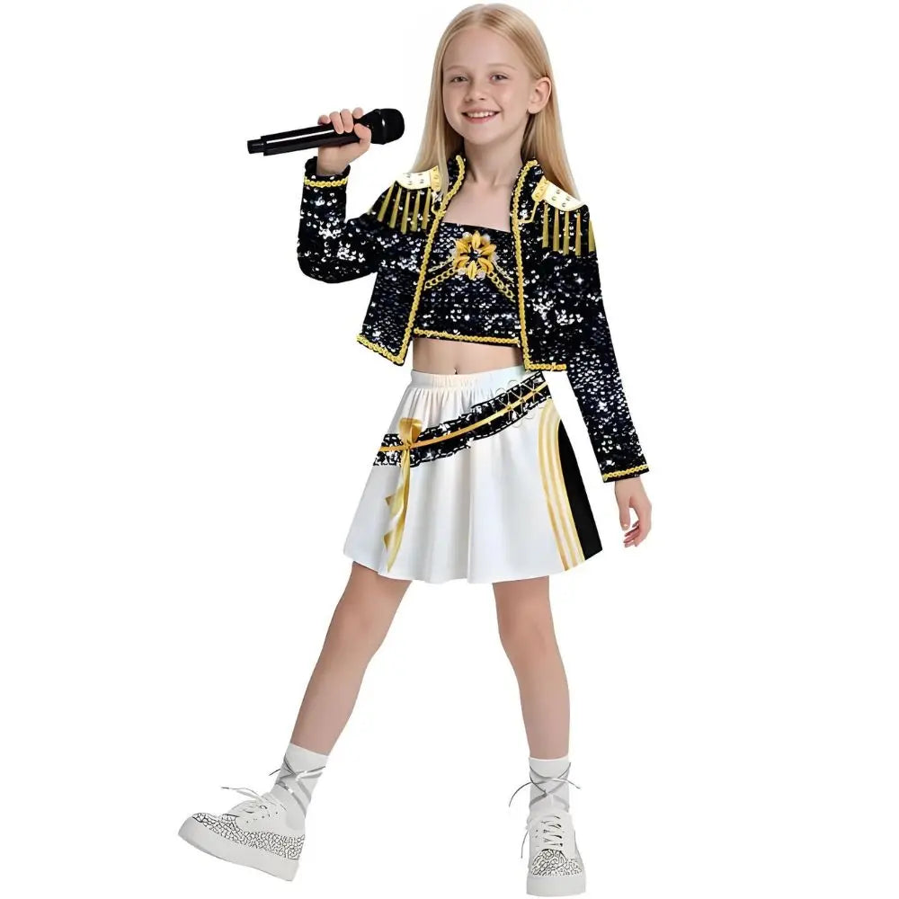 Kids Girls Kpop Rumi Zoey Mira Demon Hunters Cosplay Costume Disguise for Child Printed Clothes Roleplay Halloween Carnival Suit