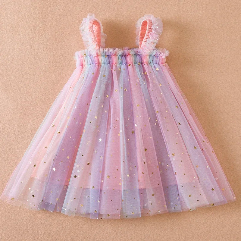 New Girls Dress for Sequins Birthday 1-5Y Toddler Girls Rainbow Tulle Dress Sweet Kids Princess Dress for Girls 2025 Summer Wear
