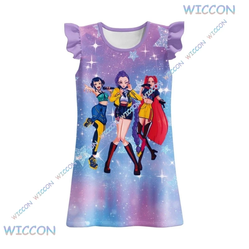 [MAGCOS]KPop Demon Hunters Clothes Kids New Summer Short Sleeve Dress Toddler Girls Casual Dresses Children Cartoon Nightgowns S