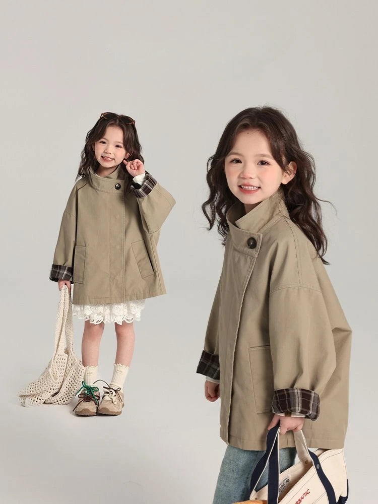 Kids Girls Cotton Teens Spring Autumn Windbreaker Coats Khaki Princess Oversize Coat Medium Long Outerwear Trench Clothes 1-12Y