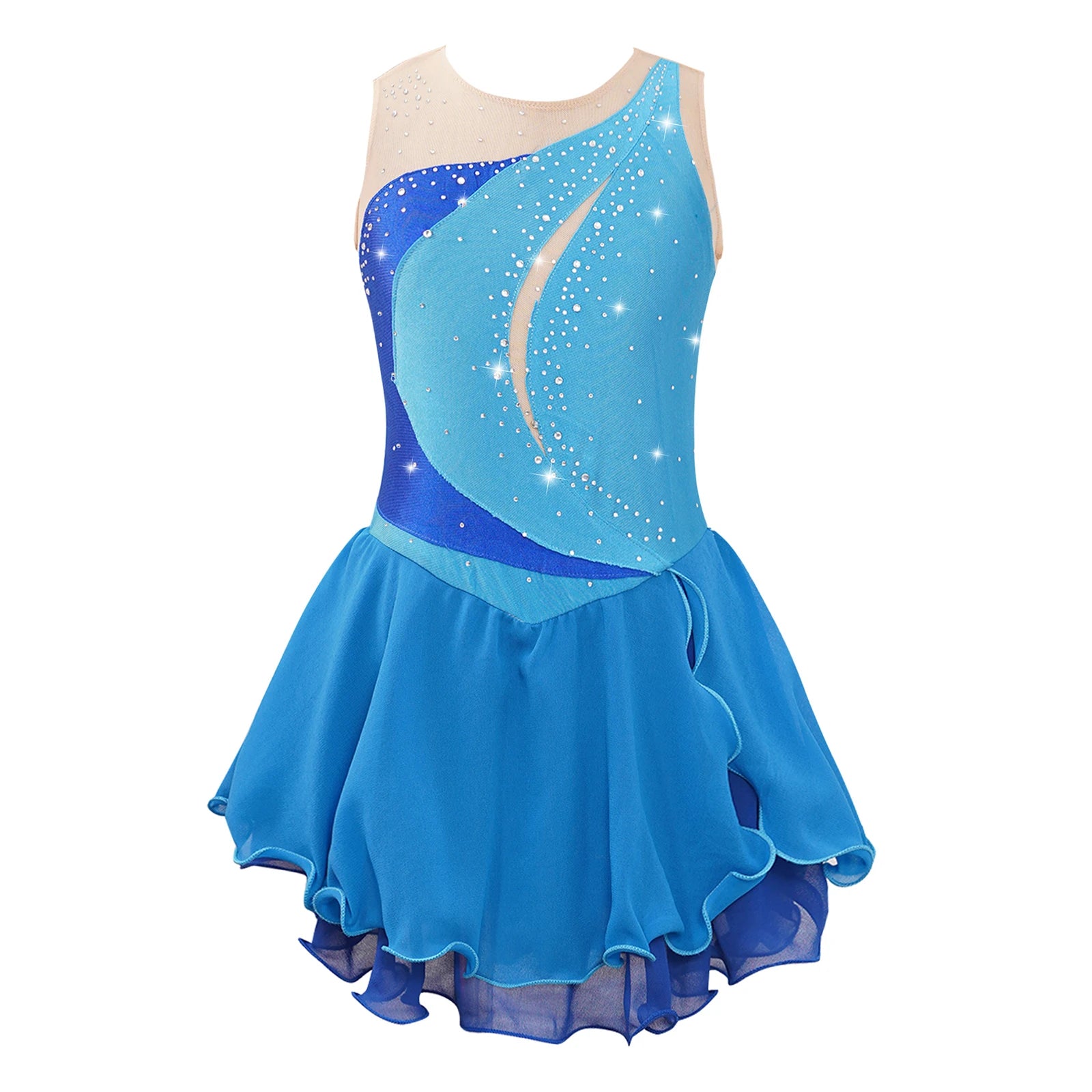 Girls Sleeveless Chiffon Figure Skating Dress Shiny Rhinestone Ballet Gymnastics Dance Leotard Performance Competition Costume
