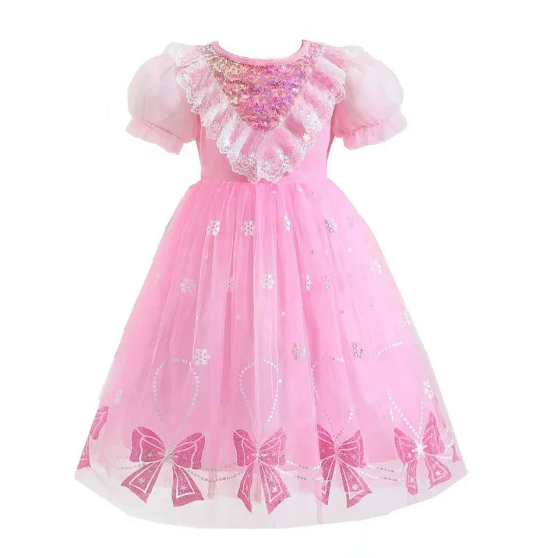 Teen Girls Mesh Dress Summer Princess Tulle Tutu Gown New Children Print Bow Short-sleeve Clothes Kids Birthday A-Line Dresses