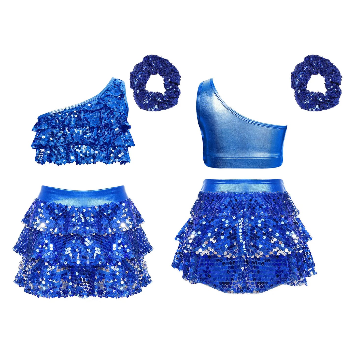 Kids Girls Shiny Sequined Modern Latin Jazz Dance Costume Outfits Single Shoulder Crop Top+Tiered Ruffle Skirted Shorts+Headwear