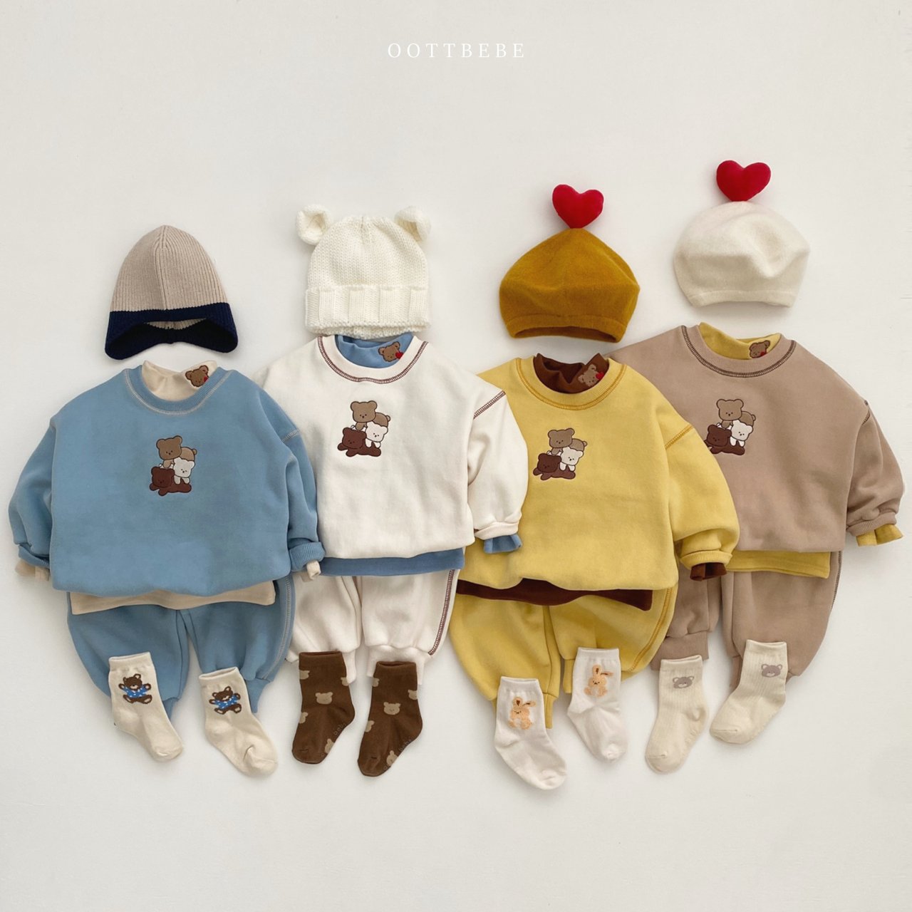 Baby Solid Color Bear Patched Design Hoodie Autumn Clothes Sets
