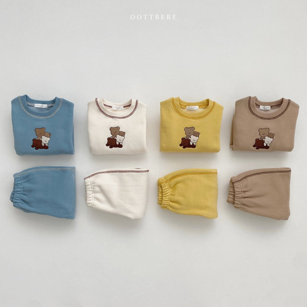 Baby Solid Color Bear Patched Design Hoodie Autumn Clothes Sets