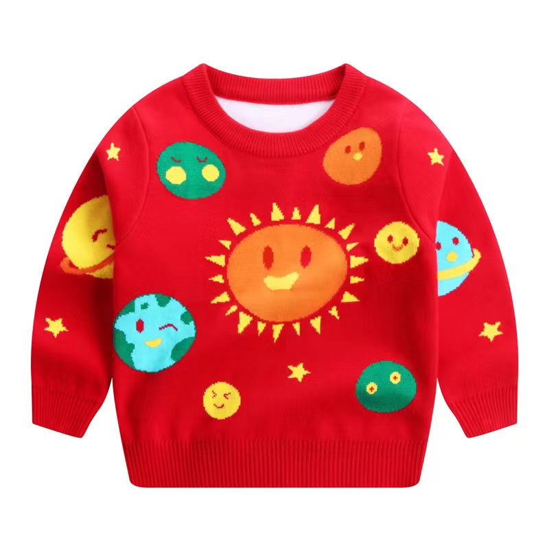Baby Boy Solar System Pattern O-Neck Pullover Sweater