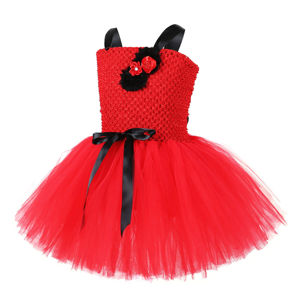 Children Girls’ Halloween Costume Set: Sleeveless Red Tulle Dress with