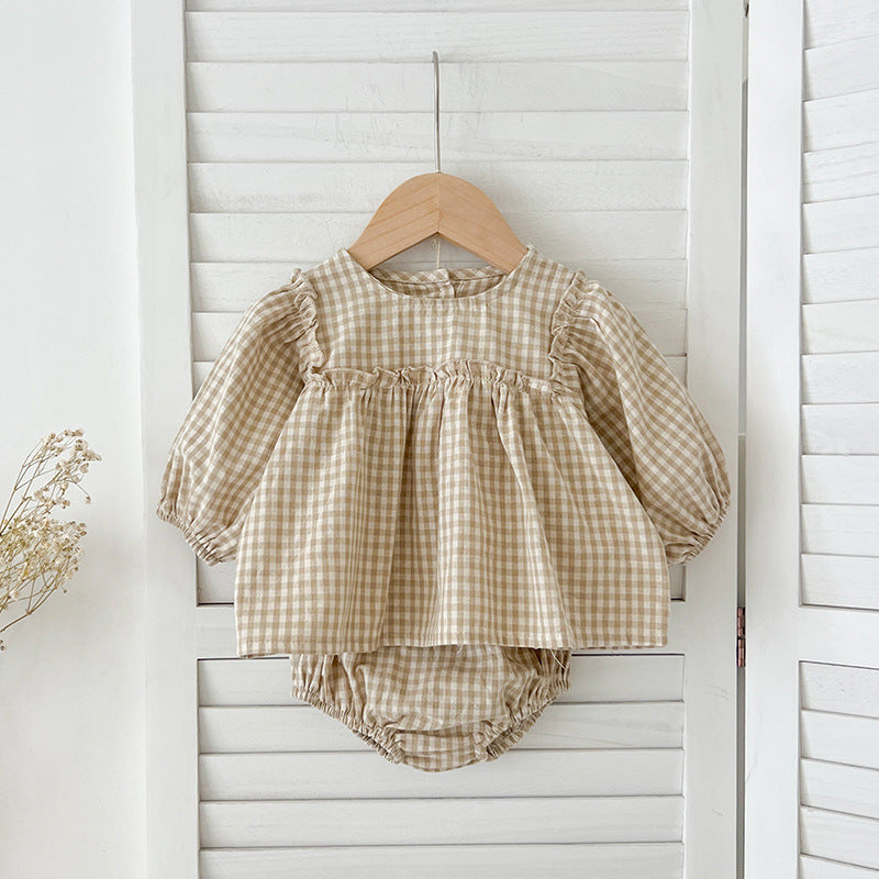 Autumn Hot Selling Baby Girls Long Sleeves Plaid Top Dress And Bloomer Clothing Set