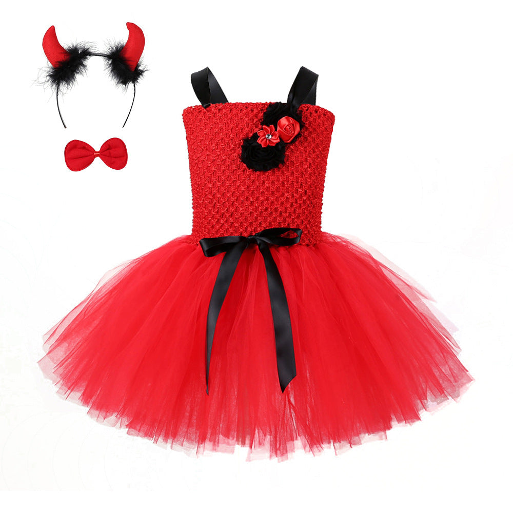 Children Girls’ Halloween Costume Set: Sleeveless Red Tulle Dress with