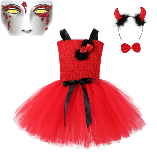 Children Girls’ Halloween Costume Set: Sleeveless Red Tulle Dress with