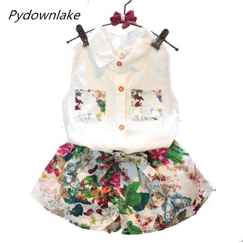 2018 New Fashion Summer Children Girl Set Kids Clothes Flowers Chiffon